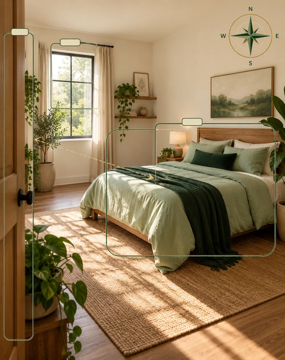 Mysigt feng shui sovrum med sängen i kommandopositionen, AI-markeringar runt säng, dörr och fönster samt en kompass med väderstrecken
